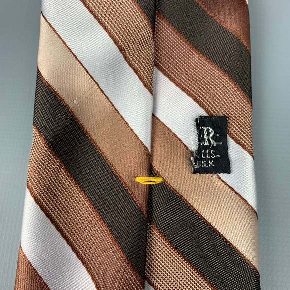 VINTAGE Brown & White Diagonal Stripe Silk Tie - Picture 3 of 3